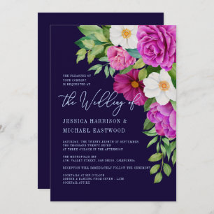 Navy Floral Pink White Purple Rose Bold Wedding Invitation