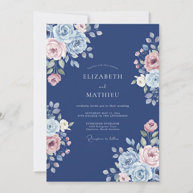 Navy Floral Romantic Bloom Wedding Invitation (Front)