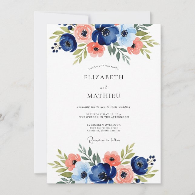 Navy Floral Romantic Wedding Invitation (Front)