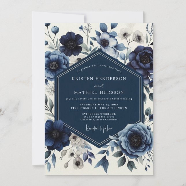 Navy Floral Romantic Wedding Invitation (Front)