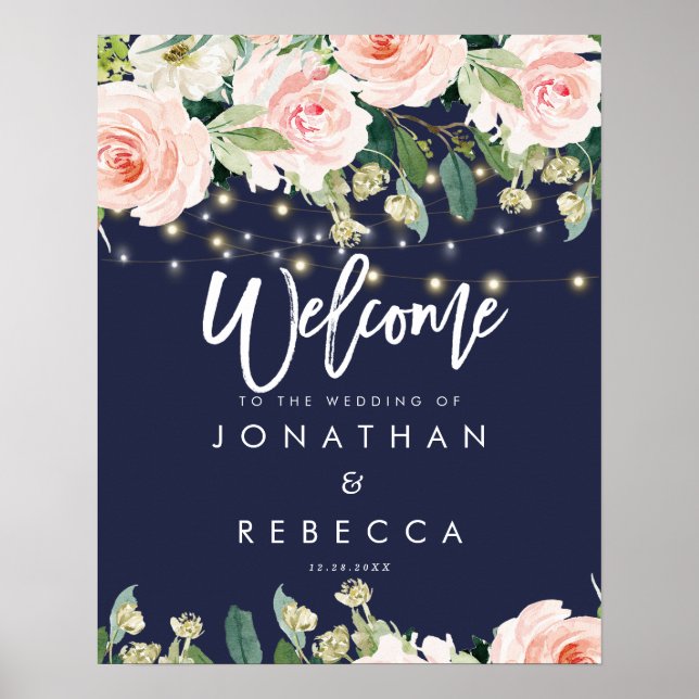 navy floral roses wedding welcome sign poster (Front)