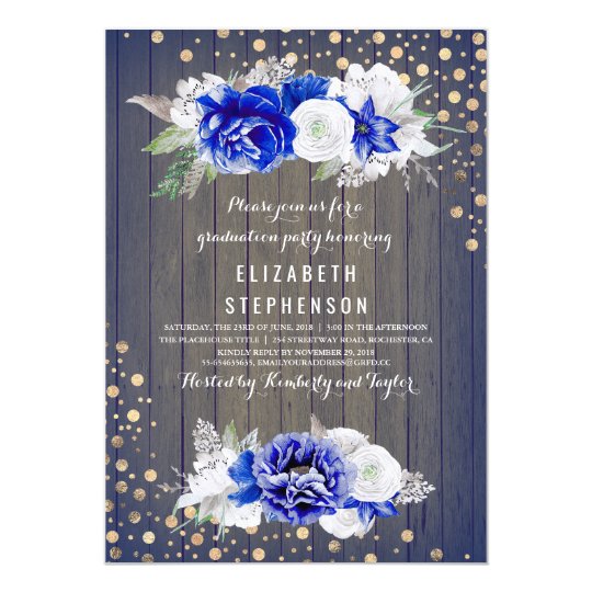 Navy Floral Rustic Graduation Party Card