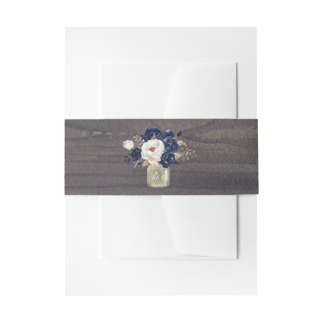 Navy Floral Rustic Mason Jar Invitation Belly Band (Front Example)