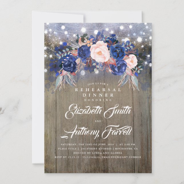 Navy Floral Rustic Rehearsal Dinner Invitation (Front)