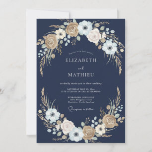 Navy Floral Rustic Romance Wedding Invitation