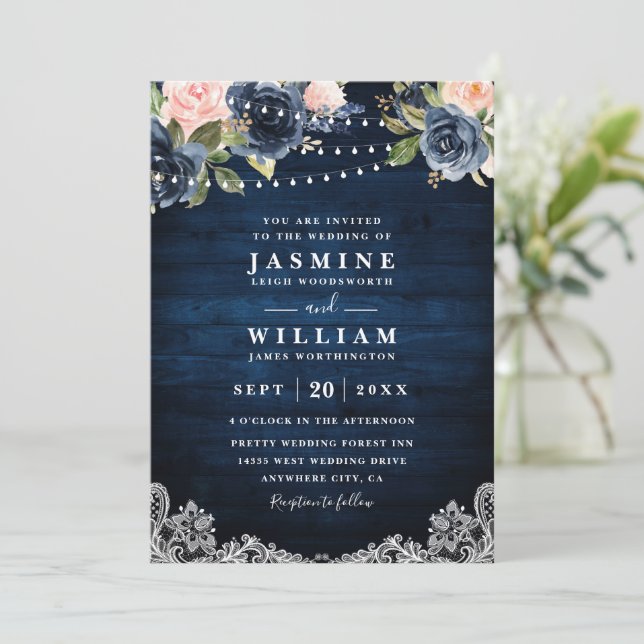Navy Floral Rustic String Light QR Code Wedding Invitation (Standing Front)