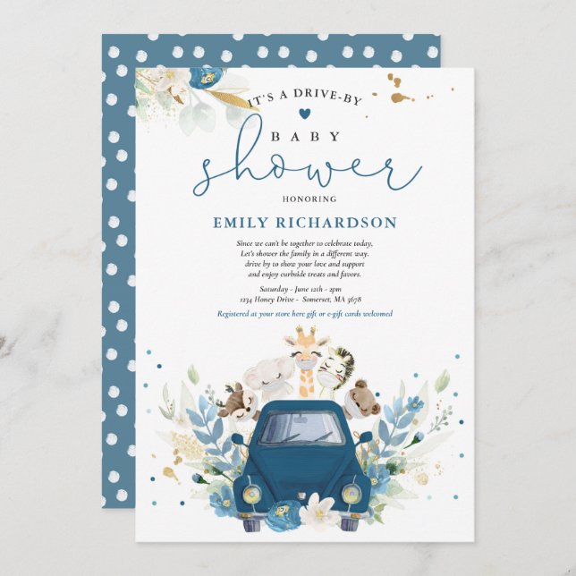 Navy Floral Safari Animals Drive By Baby Shower Invitation (Front/Back)