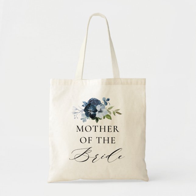 navy floral script mother of the bride tote bag (Front)