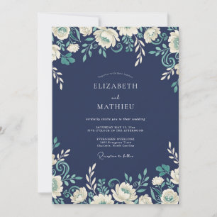 Navy Floral Scroll Romance Wedding Invitation