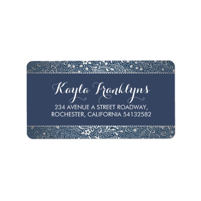navy floral silver wedding label (Front)
