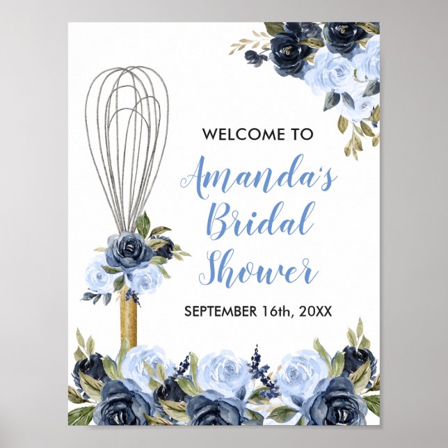 Navy Floral Soon to be Whisked Away Bridal Shower Poster (Front)