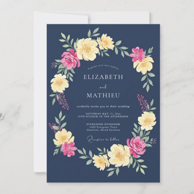 Navy Floral Spring Romance Wedding Invitation (Front)