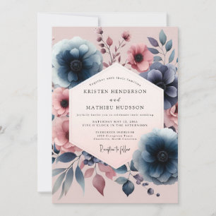 Navy Floral Vintage Romance Wedding Invitation