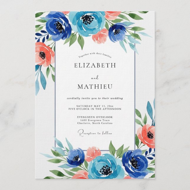 Navy Floral Watercolor Wedding Invitation (Front)