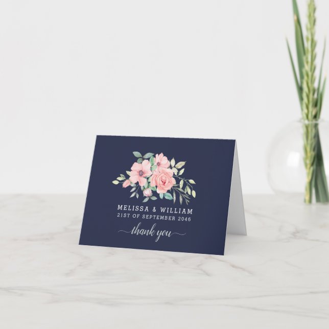 Navy Floral Watercolor Wedding Photo Thank You Card (Front)