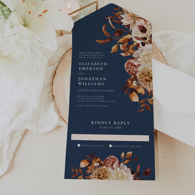 Navy Floral Wedding All In One Invitation (Navy Blue Fall Floral Wedding All In One Invitation by Painted Paperie
)