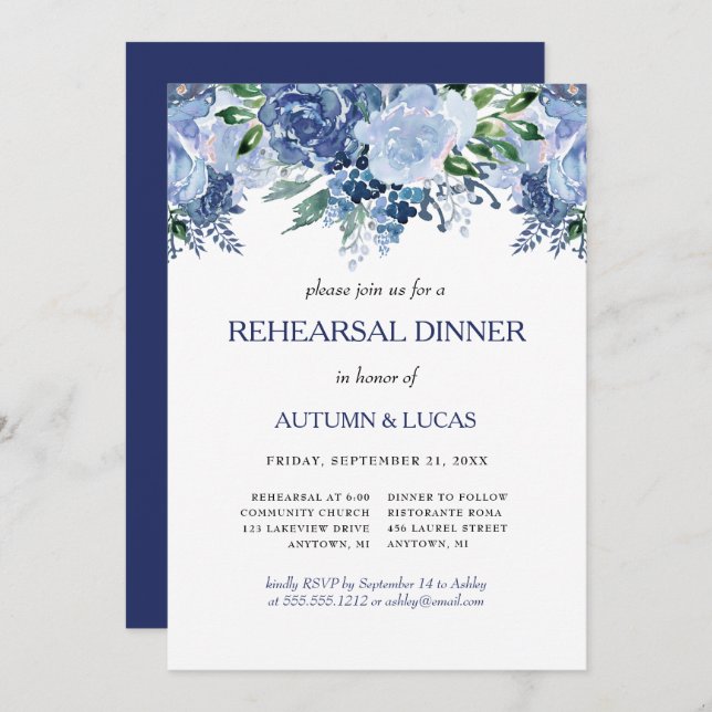 Navy Floral Wedding Dusty Blue Rehearsal Dinner Invitation (Front/Back)