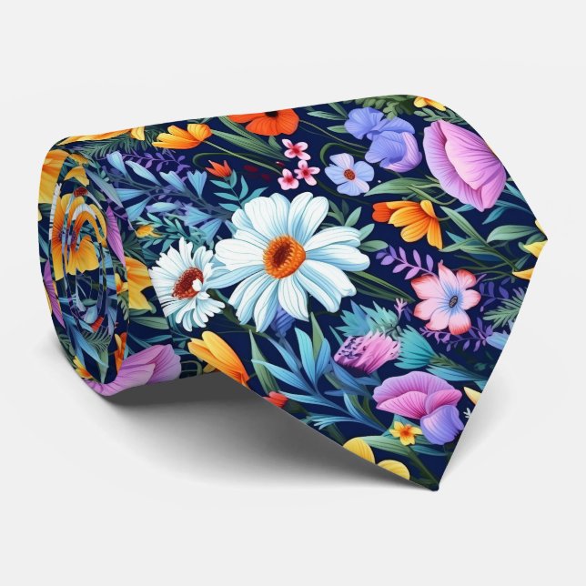 Navy Floral Wedding Tie (Rolled)