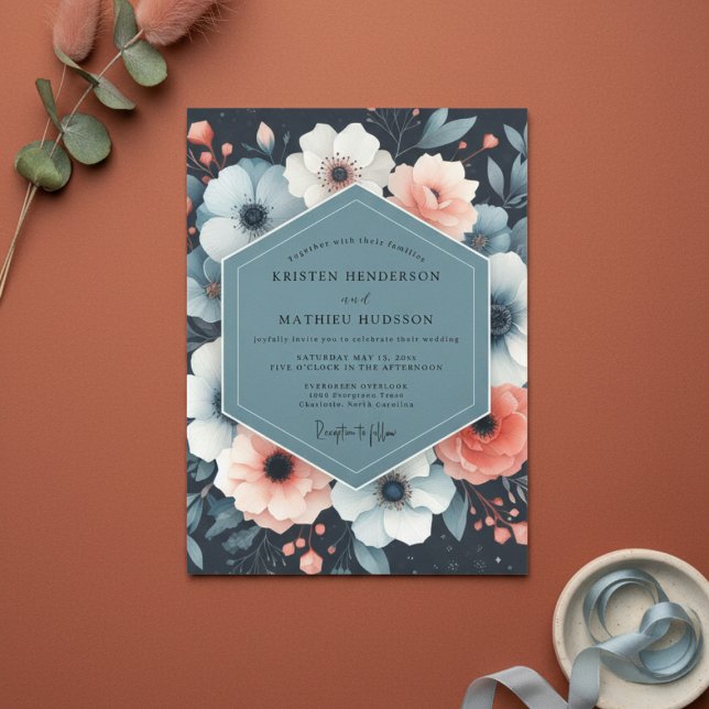 Navy Floral Whimsy Wedding Invitation (Creator Uploaded)