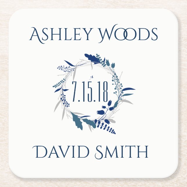 Navy Floral Wreath Save The Date Coaster (Front)