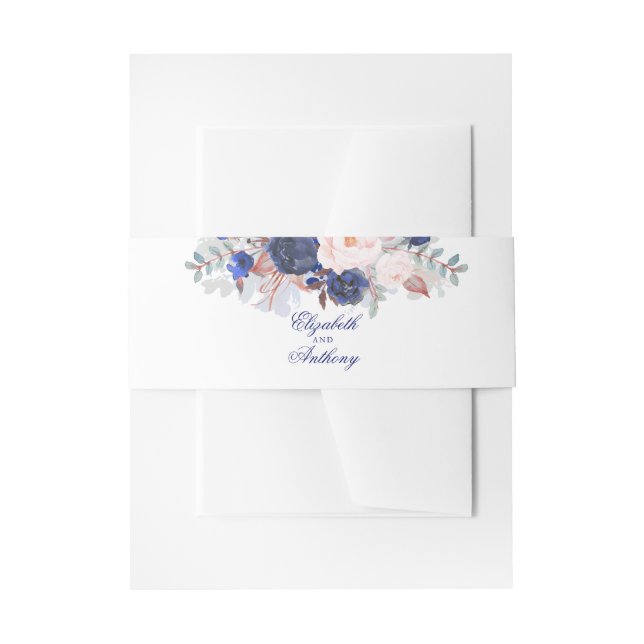 Navy Florals Elegant Wedding Invitation Belly Band (Front Example)