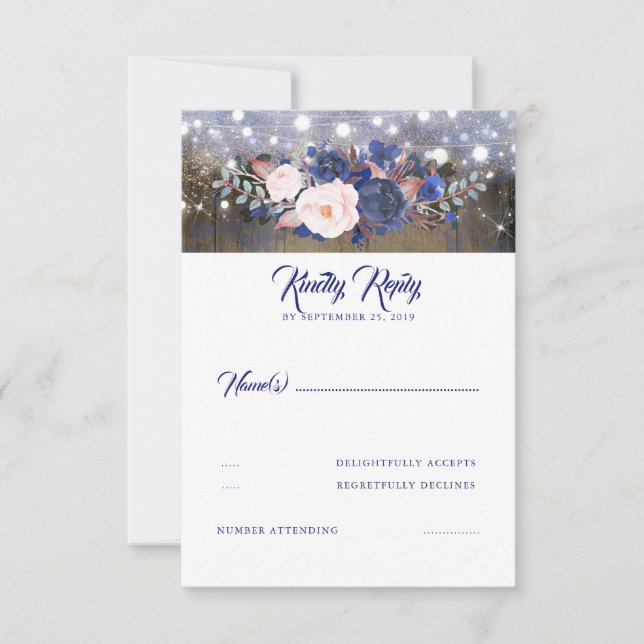 Navy Florals Rustic Wedding RSVP Card (Front)