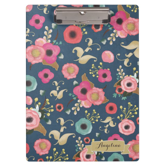 Navy Flower Pattern Modern Personalised Clip board (Front)