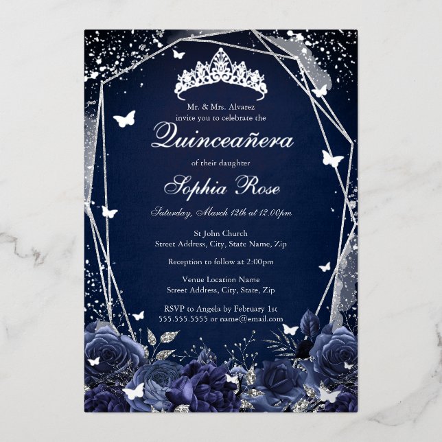 Navy Flower Tiara Silver Quinceanera  (Front)