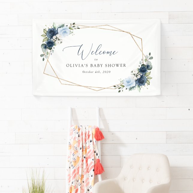 Navy Flowers, Blue Flowers, Baby Shower Welcome Banner (Insitu)