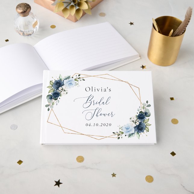 Navy Flowers, Blue Flowers, Boho, Bridal Shower Guest Book (Front Open)