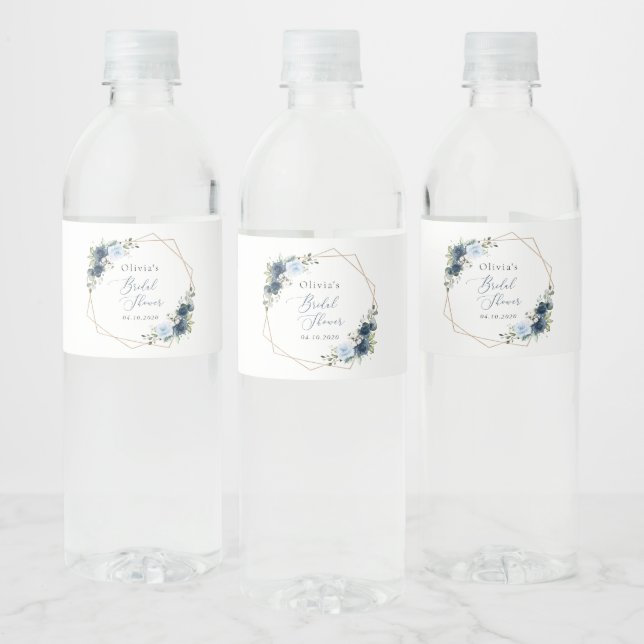 Navy Flowers, Blue Flowers, Boho, Bridal Shower Water Bottle Label (Bottles)