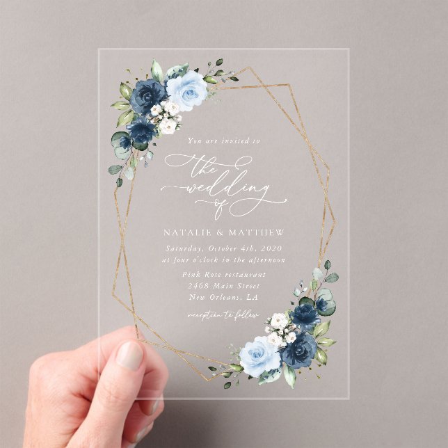 Navy Flowers, Blue Flowers, Boho, Floral Wedding Acrylic Invitations (Insitu (Handheld))