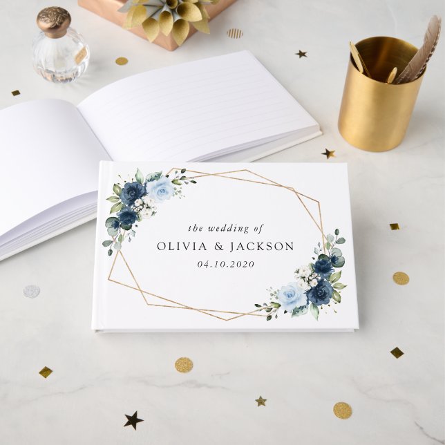 Navy Flowers, Blue Flowers, Boho, Floral Wedding Guest Book (Front Open)