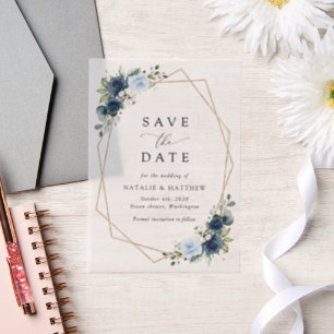 Navy Flowers, Blue Flowers, Boho, Floral Wedding Vellum Invitations