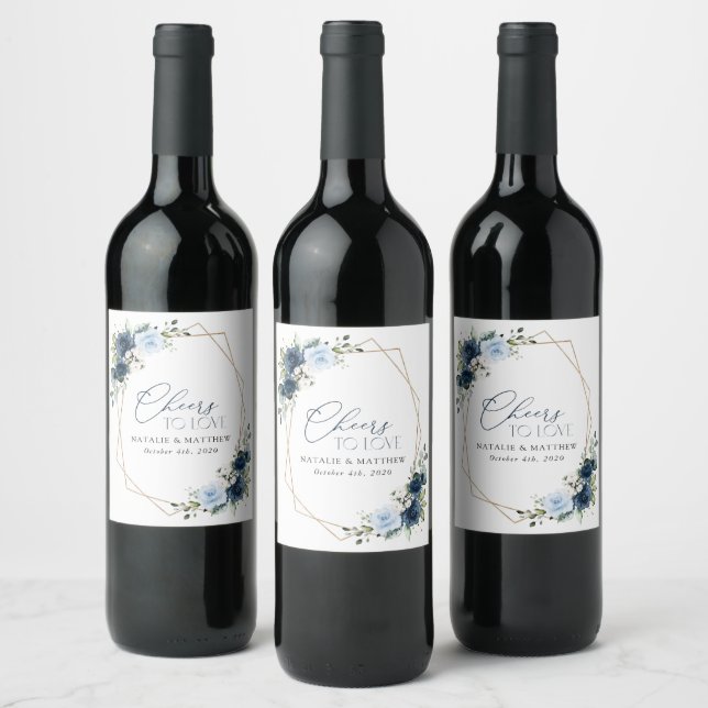 Navy Flowers, Blue Flowers, Boho, Floral Wedding Wine Label (Bottles)