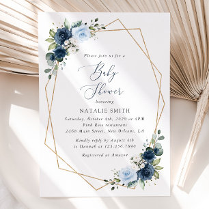 Navy Flowers, Blue Flowers, Greenery, Baby Shower Invitation