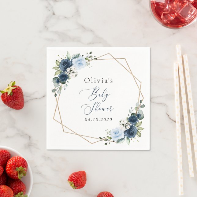 Navy Flowers, Blue Flowers, Greenery, Baby Shower Napkin (Insitu)