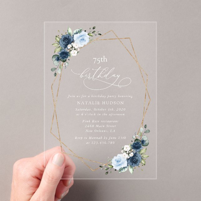 Navy Flowers, Blue Flowers, Greenery, Birthday Acrylic Invitations (Insitu (Handheld))