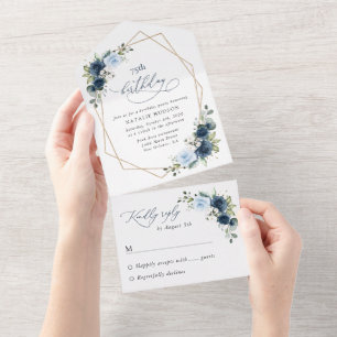 Navy Flowers, Blue Flowers, Greenery, Birthday All In One Invitation