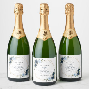 Navy Flowers, Blue Flowers, Greenery, Birthday Sparkling Wine Label