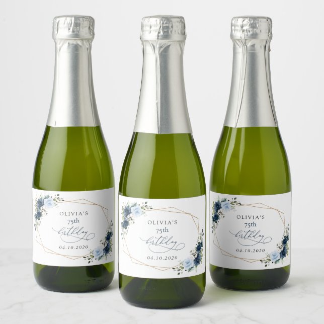 Navy Flowers, Blue Flowers, Greenery, Birthday Sparkling Wine Label (Bottles)