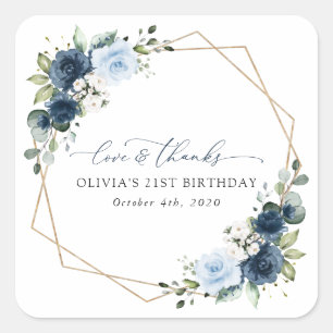 Navy Flowers, Blue Flowers, Greenery, Birthday Square Sticker
