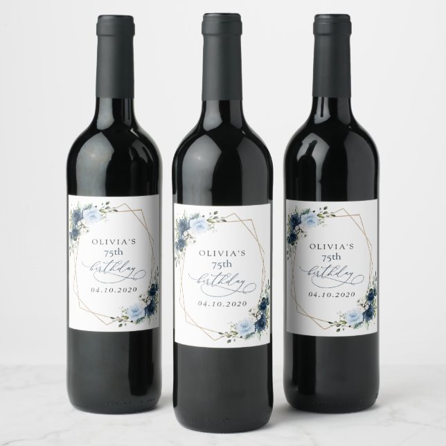 Navy Flowers, Blue Flowers, Greenery, Birthday Wine Label (Bottles)