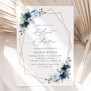 Navy Flowers, Blue Flowers, Greenery, Sweet 16 Invitation