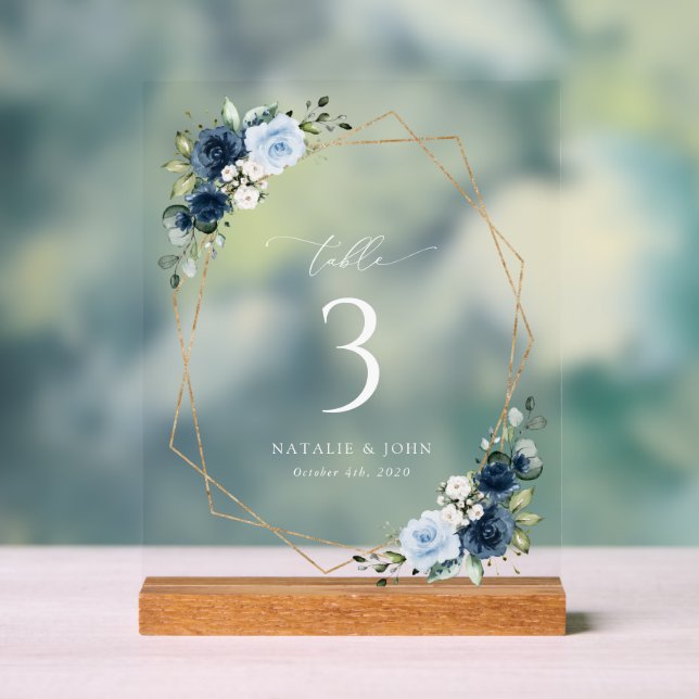 Navy Flowers, Blue Flowers, Wedding Table Numbers Acrylic Sign (Neutral)