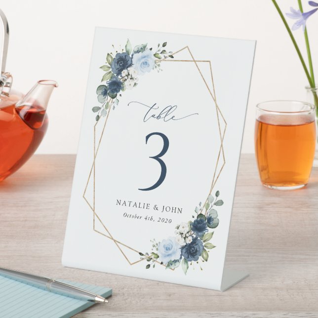 Navy Flowers, Blue Flowers, Wedding Table Numbers Pedestal Sign (In SItu)