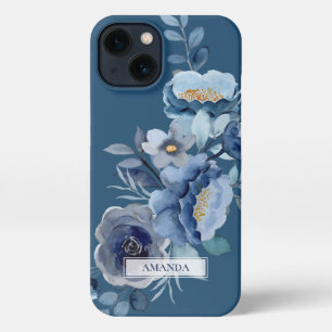 Navy Flowers   Blue Personalised Name iPhone 13 Case