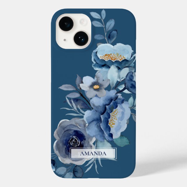 Navy Flowers | Blue Personalized Name Case-Mate iPhone Case (Back)