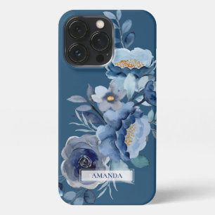 Navy Flowers   Blue Personalized Name iPhone 13 Pro Case