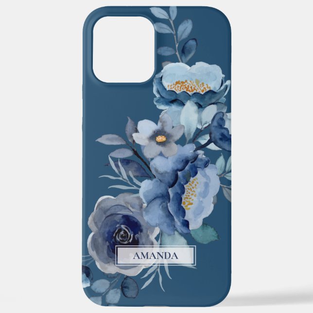 Navy Flowers | Blue Personalized Name iPhone Case (Back)
